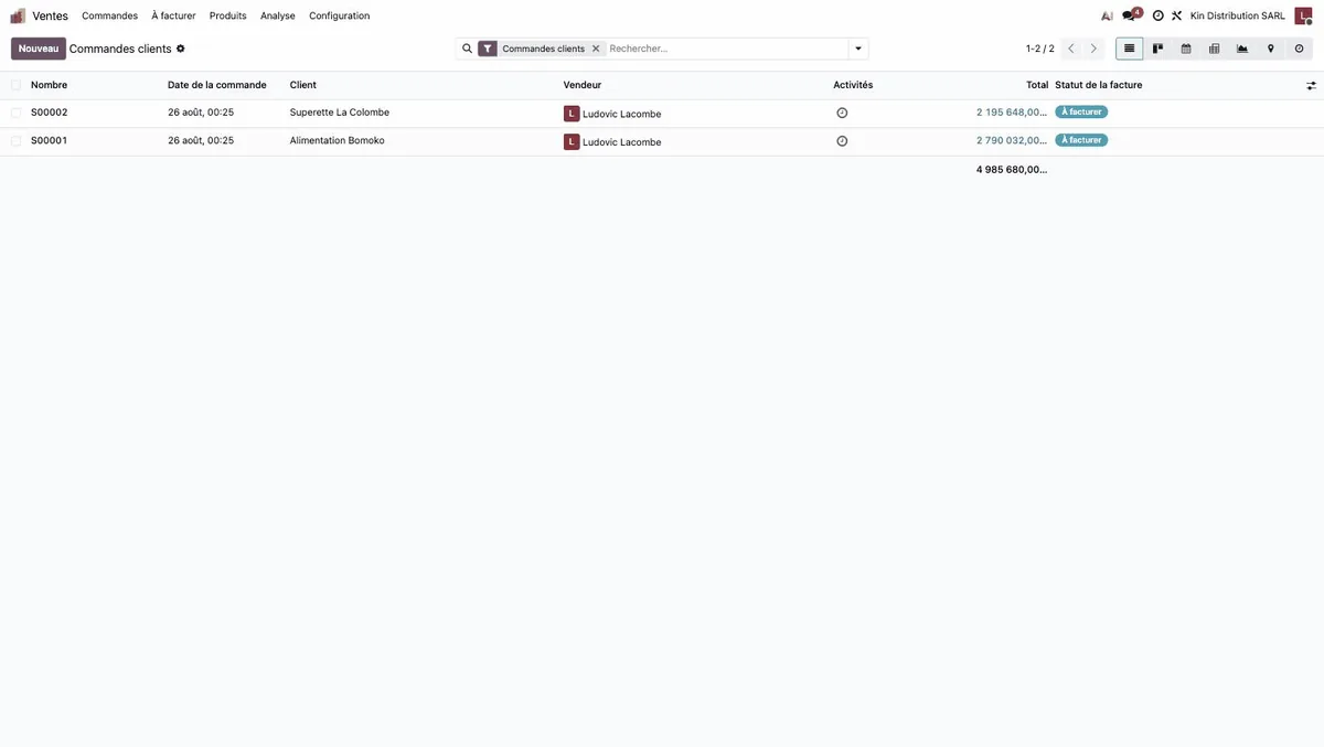 Liste des commandes clients dans Odoo, deux documents au statut À facturer