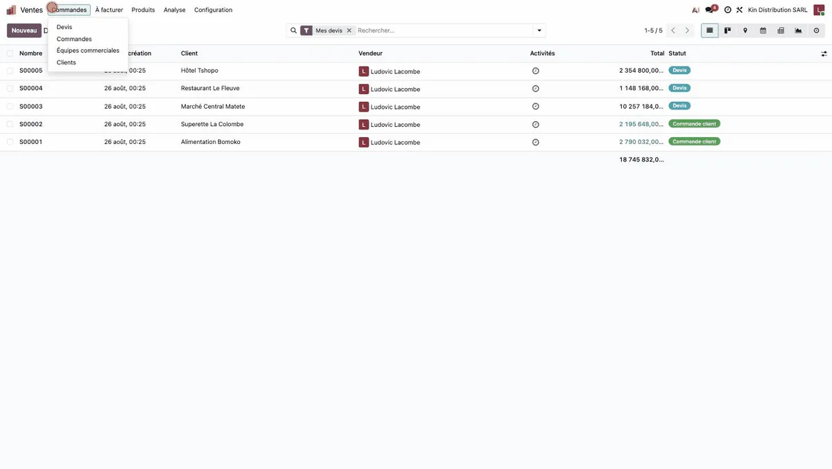 Liste des devis dans Odoo, cinq documents avec leur client, leur total et leur statut